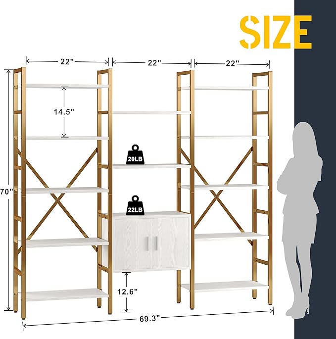 Triple 5 Tier Bookshelf, Industrial Large Bookcase with Storage Cabinet, Tall Gold Bookshelf with 14 Open Display Shelves Metal Frame Furniture for Living Room Bedroom Home Office Gold & White-Ruum Studio Home