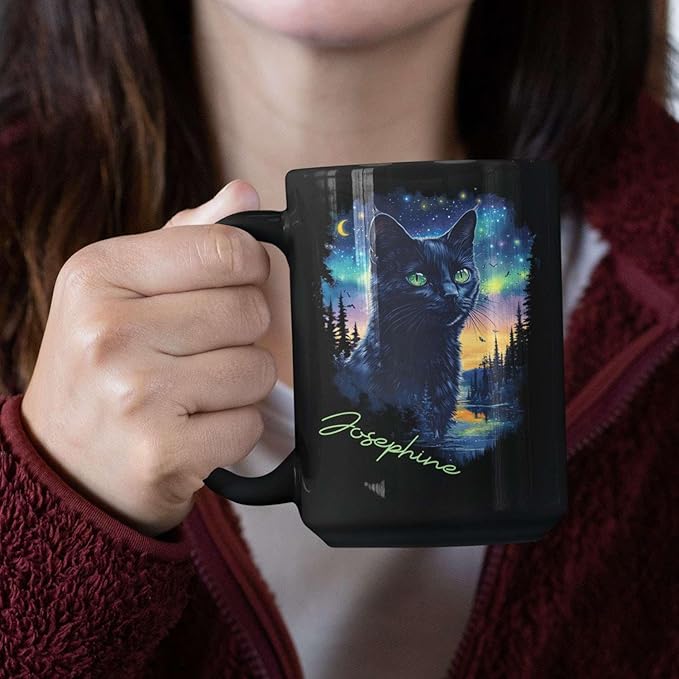Custom Cute Cat Coffee Mug With Northern Lights, Customized Name Ceramic Mug 11oz 15oz, Beautiful Nature Scene Mug, Personalized Animal Lovers Black Cup, Gift For Pet Enthusiasts-Ruum Studio Home