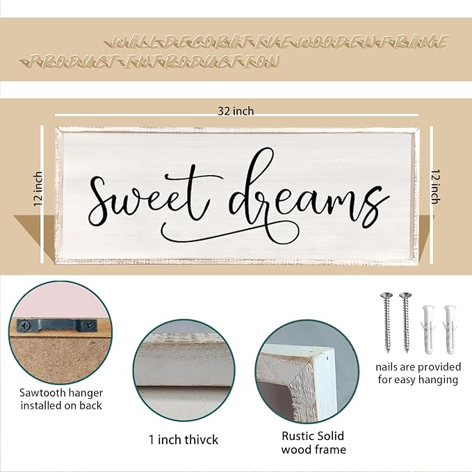 comurdyo Sweet Dreams Wall Decor Above Bed Sign 32" x 12" Master Bedroom Wooden Antique Framed Large Rustic Farmhouse Guest Room Beautiful Simple Hanging Plaque Over Bed Wall Art (White)-Ruum Studio Home