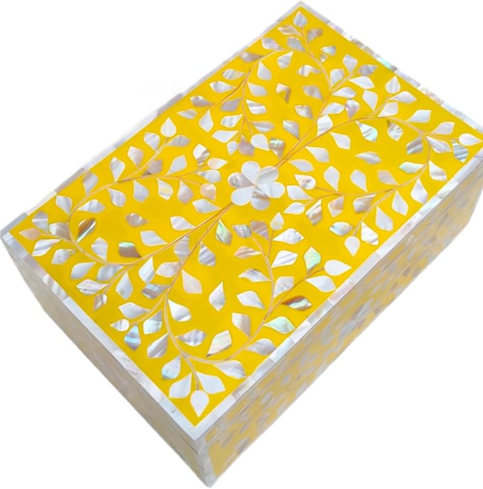 Decorative Storage Box Of Mother Of Pearl Inlay Floral Design Wooden Storage Box For Home Decoration For Living Dining & Bedroom (Yellow_9x6x3.5 inch)-Ruum Studio Home