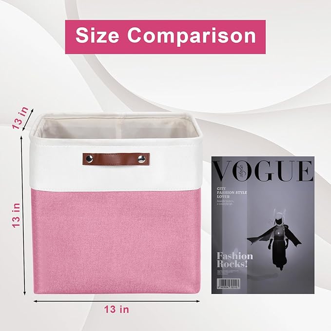 13x13 Cube Storage Bins, Collapsible Fabric Storage Box, 4 Pack Closet Baskets with Handles for Organizing, Shelf, Toys, Clothes, Home, Office, Nursery (Pink&White)-Ruum Studio Home