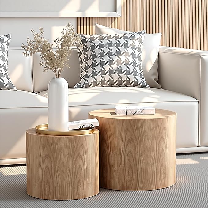 Nesting Coffee Table Set of 2, Modern Round Coffee Table with Non-Slip Feet, Oak Wooden Circle Accent Tables for Small Spaces Living Room Bedroom Balcony Office Drum Side Table-Ruum Studio Home