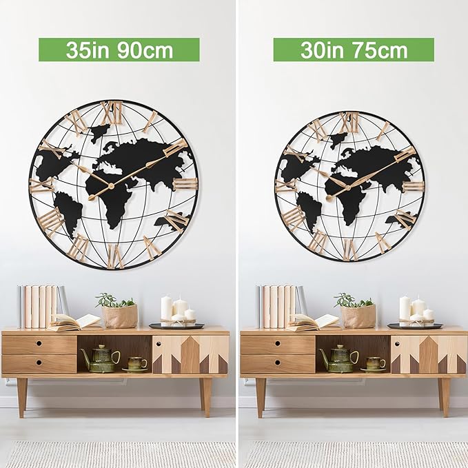 36 Inch Extra Giant Oversized Black Metal Wall Clock,Large Modern Decorative Silent World Map Wall Clock with Vintage Gold Roman Numeral for Living Room,Entrance Fireplace,Dining Room Decor-Ruum Studio Home