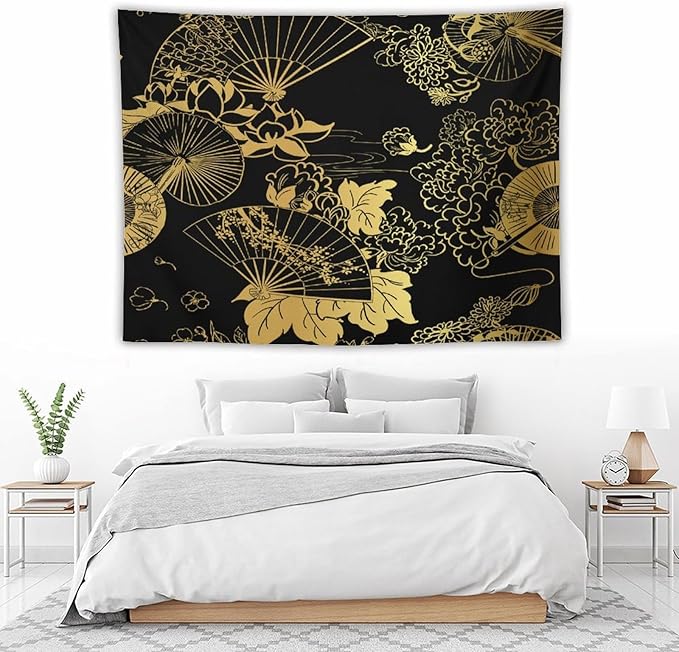 HZOHNAGO Japanese Tapestry Gold Flowers Umbrella Fan Pattern Printed Wall Tapestry Painting Wall Hanging for Bedroom Living Room Dorm 80" W x 60" H-Ruum Studio Home