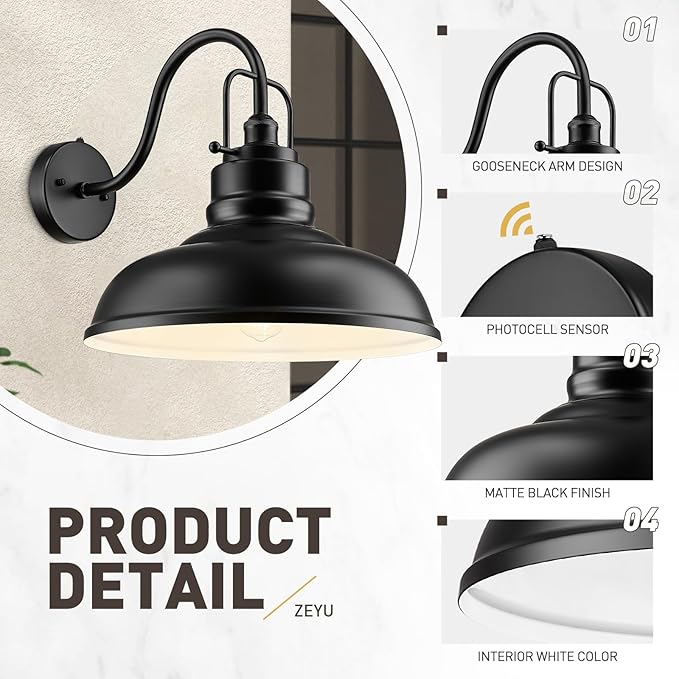 zeyu 18 Inch Dusk to Dawn Outdoor Barn Light, 1-Light Gooseneck Wall Light, Modern Wall Sconce for Garden Garage, Matte Black Finish, 016-1BL-PC BK-Ruum Studio Home