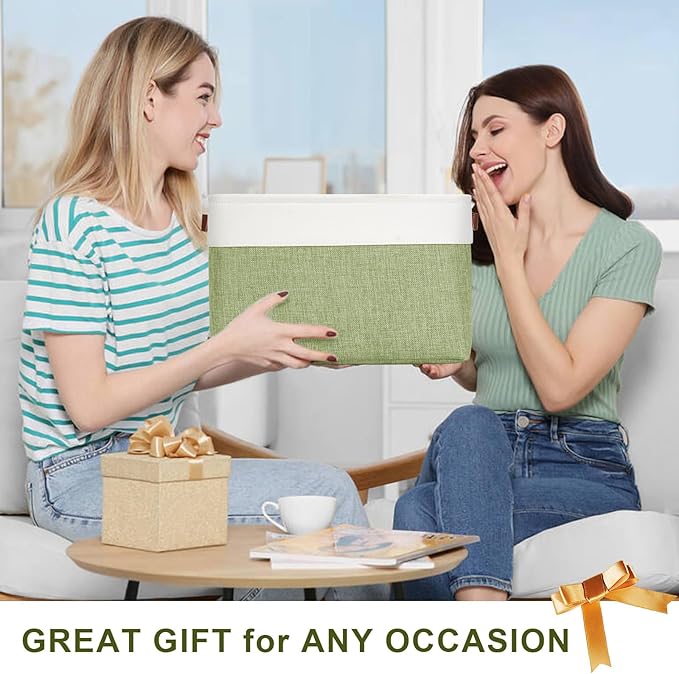 Storage Bins Large Fabric Storage Baskets for Shelves 3 Pack, Decorative Linen Closet Baskets with Handles for Organizing, Shelf, Clothes, Home, Office, 15x11x9.5Inches (Green&White)-Ruum Studio Home