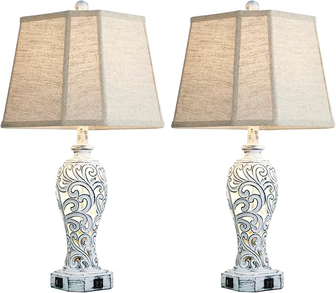 25'' Farmhouse Table Lamps Set of 2 for Living Room Bedroom, 2 USB Ports Rustic Vintage Nightstand Table Lamp with Nightlight, Hollow Out Resin Lamp for End Table (Bulbs Included)-Ruum Studio Home