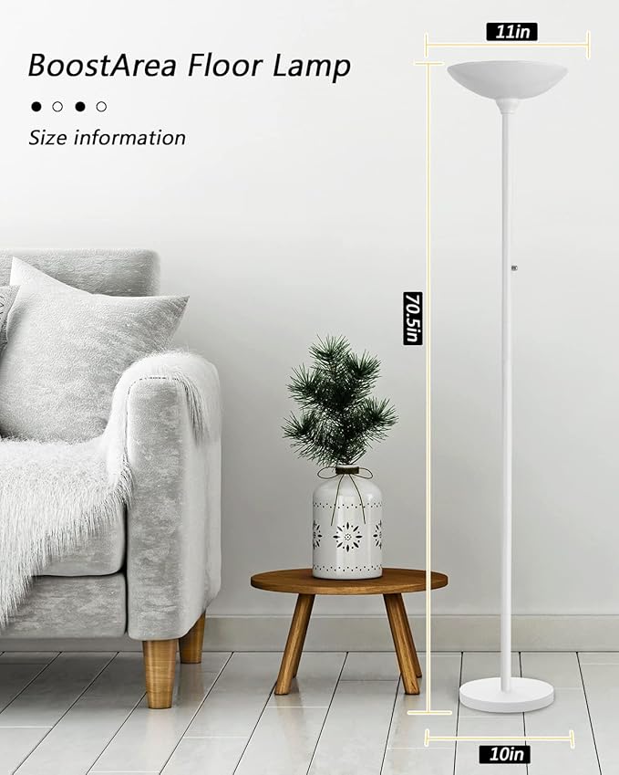 BoostArea Torchiere Floor Lamp, 30W Super Bright LED Standing Lamp, 3000K Stepless Dimmable Pole Lamp with Rotary Switch, 70 Inch Tall Metal Modern White Floor lamp for Living Room/Bedroom/Office/Den-Ruum Studio Home