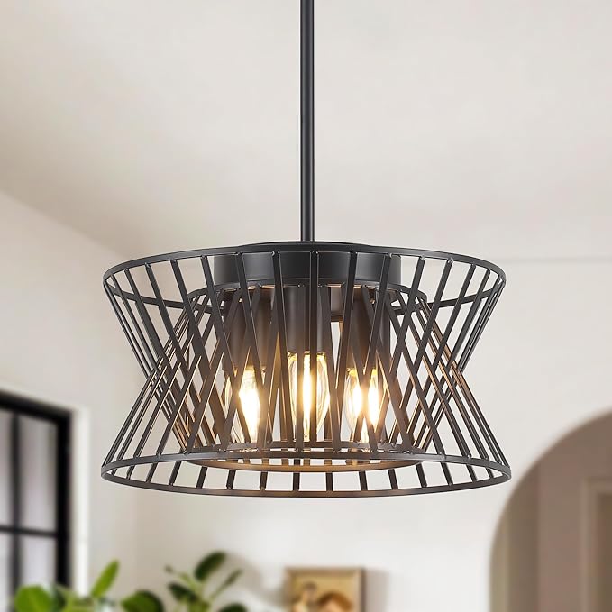 3-Lights Black Pendant Light Vintage Geometric Chandelier Light Fixture Adjustable Metal Lighting Fixtures for Kitchen Room Dining Room Foyer-Ruum Studio Home