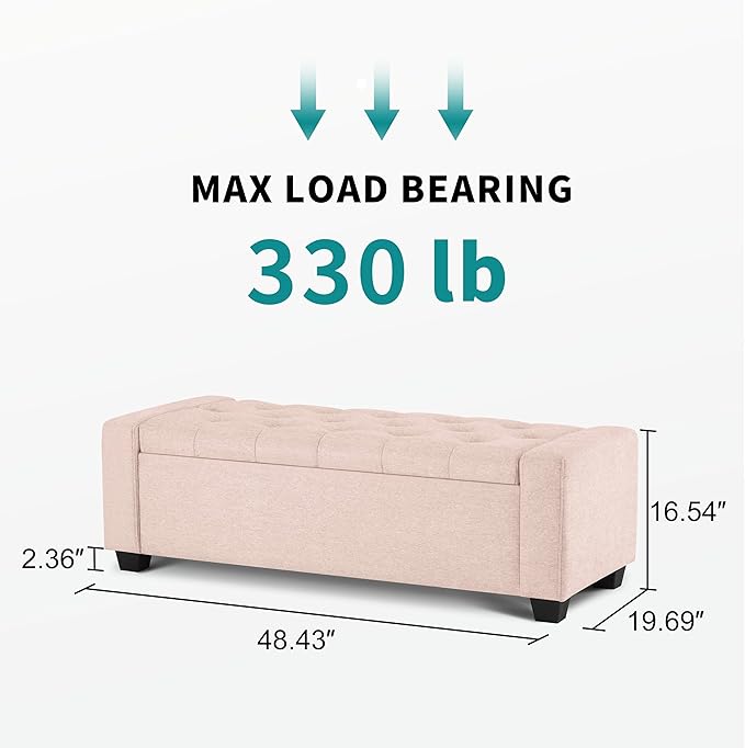 48" Ottoman with Storage, Pink Storage Ottoman Bench with Safety Hinge, Upholstered Entryway Bench with Seating for Bedroom, Living Room, Holds up to 330 lb-Ruum Studio Home