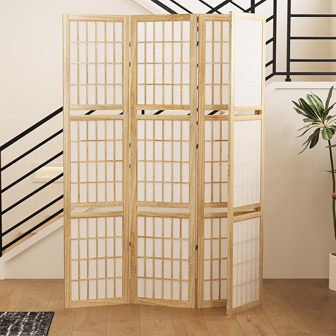 5.6FT Room Divider and Folding Portable Partition Screen, Chinese Japanese Shoji Style with Three Display Shelves for Room Separation - 4 Panel (Natural)-Ruum Studio Home