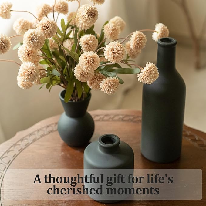 Fake Flowers in Vase for Centerpieces, Faux Flowers in Modern Ceramic Vase Set of 3 with 8 Artificial Autumn Chrysanthemums Home Decor-Ruum Studio Home