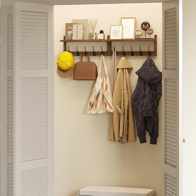AMBIRD 34.2 inch Wooden Extra-Long Wall Hook Rack with Shelf - Versatile and Decorative Wall-Mounted Storage - 10 Hooks for Hanging Coats, Hats, Scarves - Ideal for Entryways, Bedrooms, Closets-Ruum Studio Home