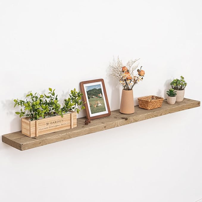 Solid Wood Floating Shelves, 8" Deep Rustic Reclaimed Barnwood Wall Hanging Floating Shelf with Invisible Heavy-Duty Metal Bracket | Wall Mounted | Farmhouse Style | 55 inches,1PC,Natural-Ruum Studio Home
