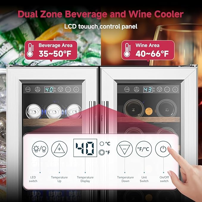 24" Wine and Beverage Refrigerator, Dual Zone Wine Cooler with Glass Door, Hold 88 Cans & 21 Bottles, Built in or Freestanding Under Counter Wine Fridge with Blue LED Light.-Ruum Studio Home