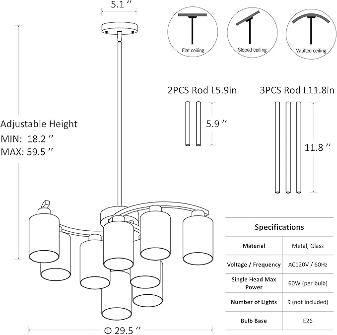 9-Light Gold Glass Chandelier, Adjustable Height Dining Room Light Fixtures Over Table, Contemporary Hanging Chandelier for Kitchen Island Living Room Foyer Office, Clear Glass Shade-Ruum Studio Home