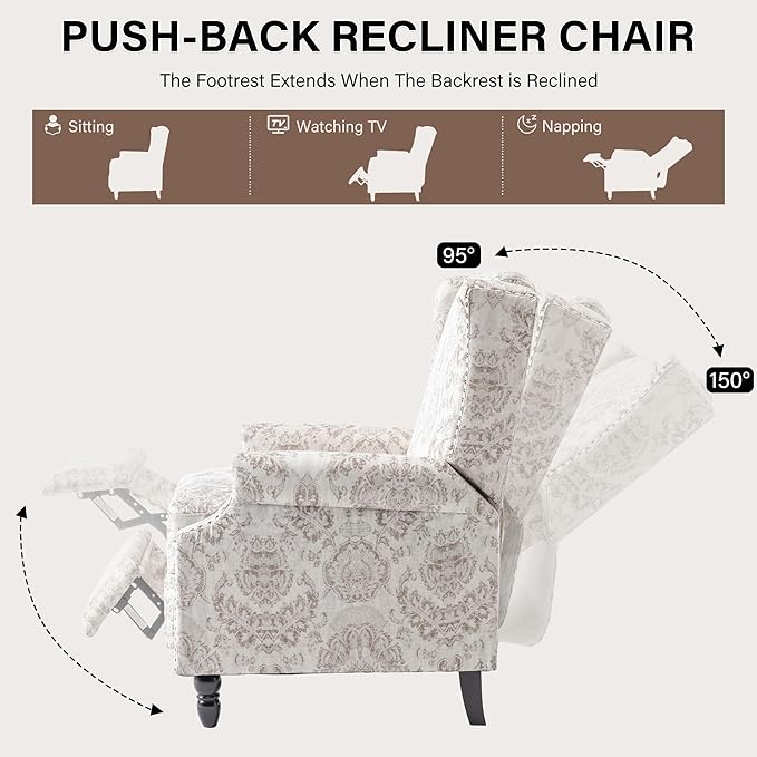 UIXE Recliner Chair, Fabric Upholstered Armchair Pushback Accent Chair for Living Room, Floral Rivet Trim Club Chair Home Theater Single Sofa Reading Seat - Beige Pattern-Ruum Studio Home