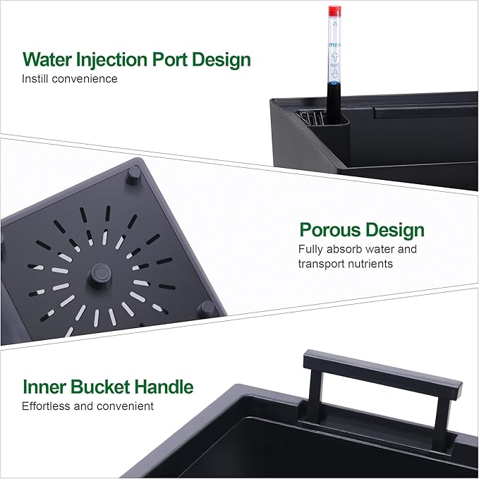 22.5" Tall Planters Set of 2, Outdoor＆Indoor Black Planter Pots, High Front Porch Planter Pots with Drainage Holes＆Water Level Monitor＆Inner Bucket, Automatic Watering, Black-Ruum Studio Home