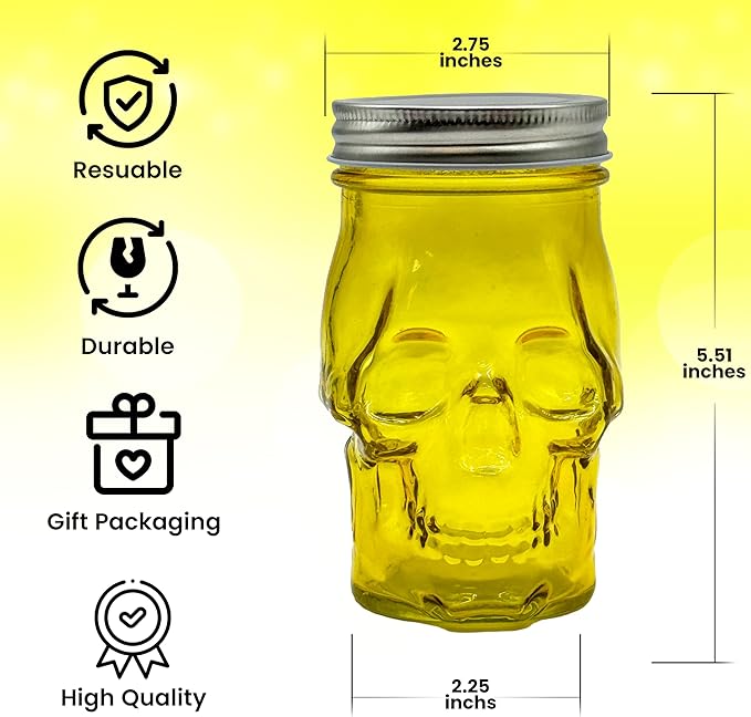 Generic 14 oz Colorful Skull Glass Mason Jar – Mix & Match 7 Vibrant Colors, Large & Durable! (Yellow)-Ruum Studio Home