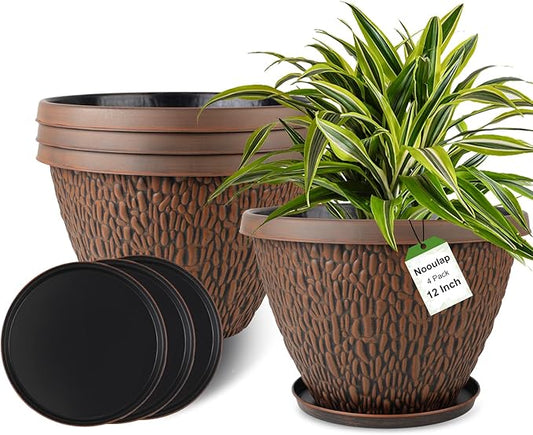 4 Pack 12 Inch Pots for Plants, Plastic Outdoor Flower Pots with Drainage Hole & Tray, Large Planters for Garden Porch Home Indoor Outdoor Decor - Pebbles Pattern Design Plant Pots-Ruum Studio Home