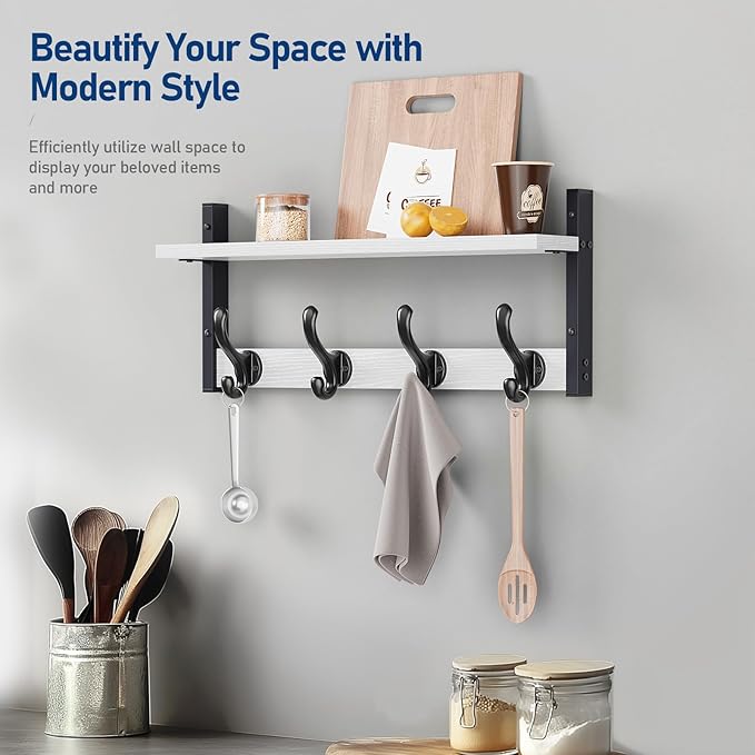 Tatub 20" Rustic Coat Rack Wall Mount with Shelf, Wall Hooks with Shelf, Heavy Duty Entryway Organizer Hangers for Hanging, Hat, Bag, Jacket for Bathroom, Living Room, Bedroom, White-Ruum Studio Home