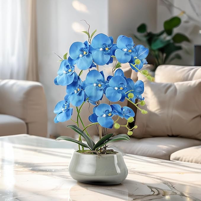 Orchid Artificial Flowers with Gray Vase Large Silk Faux Phalaenopsis Flowers for Dining Room Table Floral Centerpieces Indoor Decoration,Blue-Ruum Studio Home