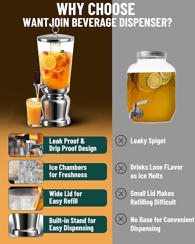 WantJoin Beverage Dispenser With Stand -2 Gallon Beverage Dispenser Drink Dispenser w/Upgraded Dual Cores & Base, Leakproof Spigot, Visible Container, Drink Dispenser For Parties, Events, Gathering-Ruum Studio Home