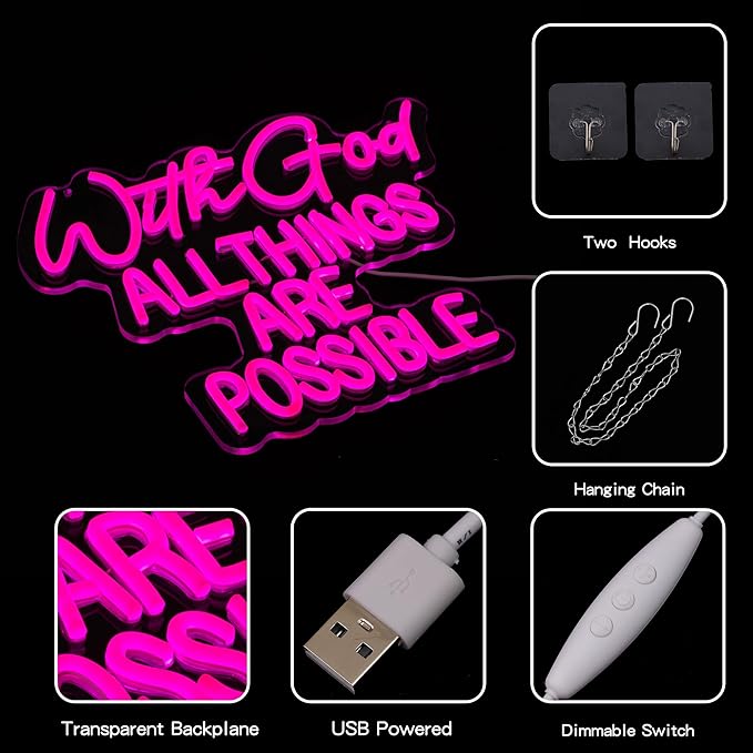 "With God All Things Are Possible" Neon Sign God Neon Light for Wall Decor Letter LED Neon Sign Pink LED Neon Light Dimmable Neon Signs for Bedroom Wedding Church Decoration-Ruum Studio Home
