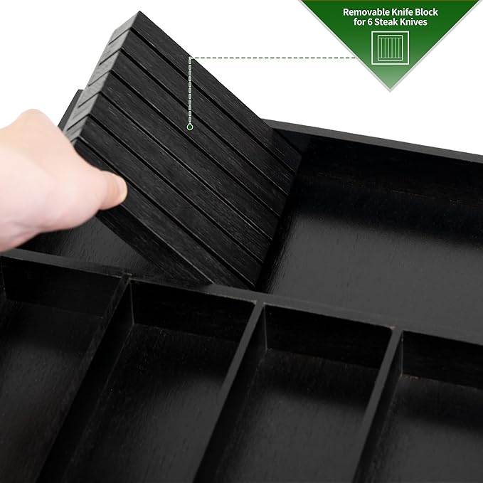 VaeFae Bamboo Silverware Organizer, Utensil Holder for Drawer, Wooden Cutlery Tray with Divider for Kitchen Drawer, Utensil Organizer with Knife Block（Black）-Ruum Studio Home
