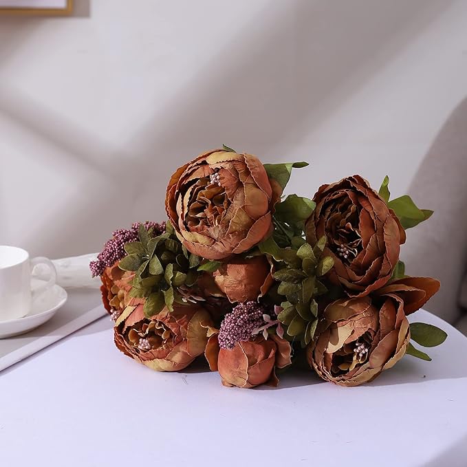 Duovlo Fake Flowers Vintage Artificial Peony Silk Flowers Wedding Home Decoration,Pack of 1 (Coffee)-Ruum Studio Home