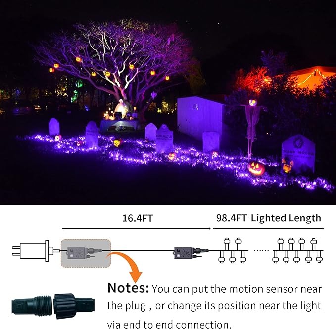 Rotu Halloween Lights Outdoor 114.8 ft 300 LED String Lights with Music Sync Spooky Sounds Halloween Decorations Fairy Lights Indoor Waterproof for Yard Porch Haunted House Decor (Purple)-Ruum Studio Home