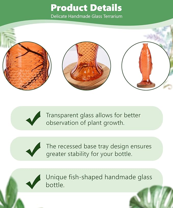 Nacome Fish Vase Glass Plant Terrarium with Wooden Stand,Planter Propagation Station for Home Office Hydroponics Desk Decoration,Unique Gardening Gifts for Plant Lovers Women Mom(Orange)-Ruum Studio Home