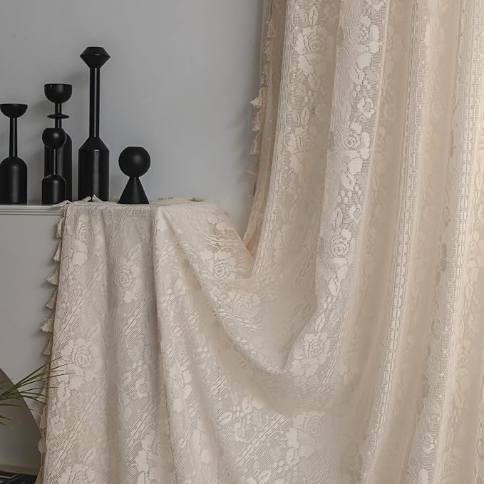 Sutuo Home Crochet Boho Curtains Rose Florals Embroidery, Sheer Lace Handmade Tassels Knitted Window Treatment Vintage Rustic Bohemian Farmhouse Drape for Bedroom Rod Pocket 1 Panel 59" W x 84" L-Ruum Studio Home
