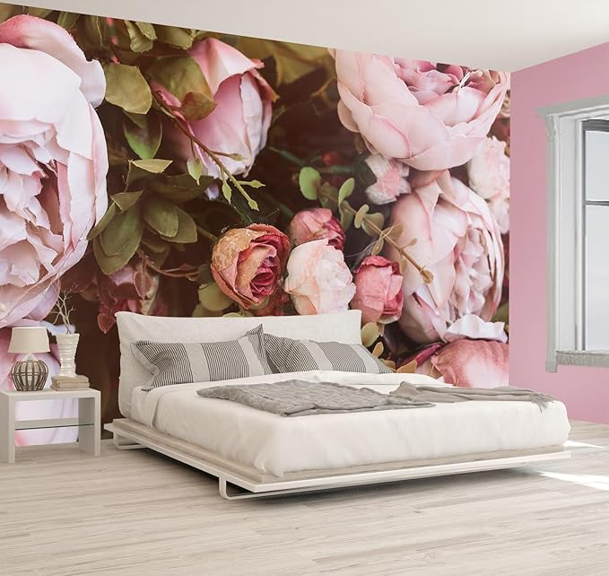 Large Peony Floral Wallpaper Girls Bedroom Pink Rose Flower Wall Mural (Not Peel and Stick)-Ruum Studio Home