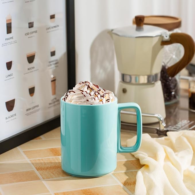 E-liu Porcelain Tea Mugs Coffee Mug Set, Large 15 Ounces Cups for Coffee, Tea, Cocoa, and Mulled Drinks, Set of 6, Turquoise-Ruum Studio Home