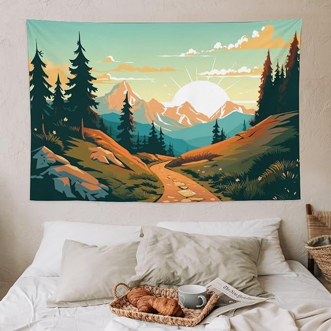 HZOHNAGO Mountain Tapestry Forest Mountain Sunrise Road Pattern Printed Wall Tapestry Wall Hanging for Bedroom Living Room Dorm 60" W x 40" H-Ruum Studio Home