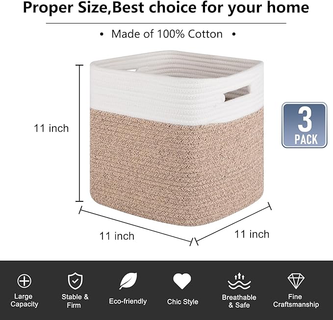 OIAHOMY Cube Storage Basket, 3-Pack Woven Cotton Rope Baskets, 11-Inch Cube Basket with Handles, Great for Shelves, Closets, Children's Toy Organization - White & Brown-Ruum Studio Home