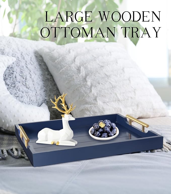Coffee Table Tray - Large Ottoman Tray for Living Room - Wood Serving Tray with Handles(2 Sets) - Wooden Trays for Coffee Tables, 4 Round Coasters Included, Deep Blue-Ruum Studio Home