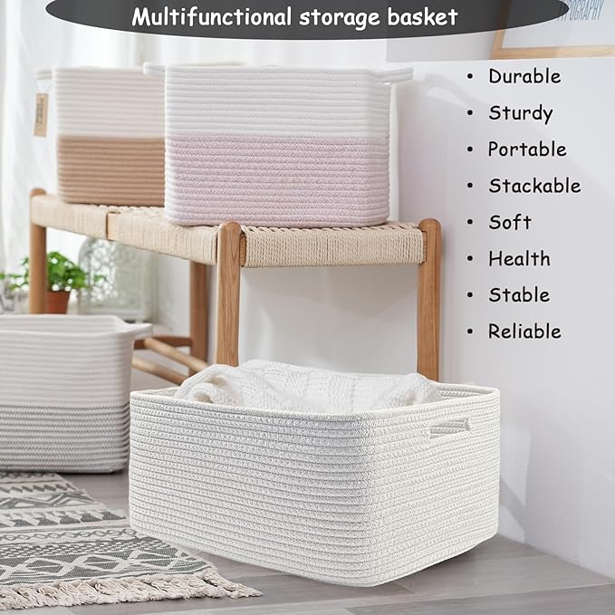 COMFY-HOMI Cotton Rope Woven Basket with Handles for Shelves,Toys,Book, Cloth Storage Baskets for Organizing-17" x 13" x 7.5" Toy Decorative Organizer for Living Room, Bathroom （All White）-Ruum Studio Home