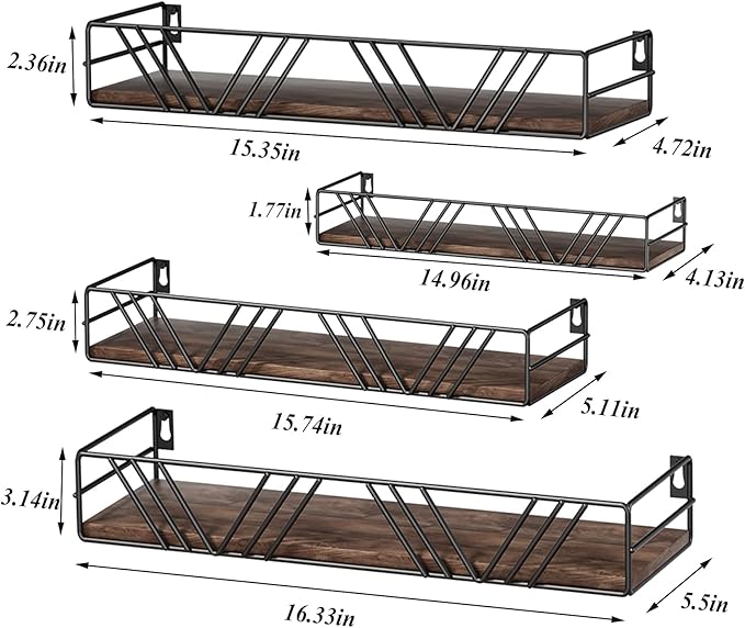 Floating Shelves for Wall Set of 4, Different Sizes Mounted Wood Floating Shelf, Wall Shelves for Living Room, Bedroom, Bathroom, Kitchen, Farmhouse Decor, Office-Ruum Studio Home