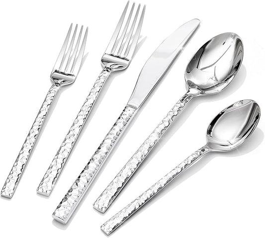 KINGSTONE 60 Piece Hammered Silverware Set, 18/10 Stainless Steel Flatware Set for 12, Cutlery Set for Home, Party, Wedding, Mirror Polished Dishwasher Safe-Ruum Studio Home
