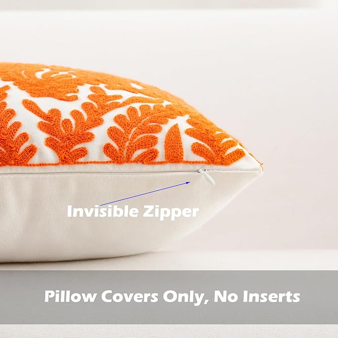 HWY 50 Orange Fall Decorative Throw Pillow Covers 18x18 Inch (1 Piece), Embroidered Cotton Farmhouse Cushion Cover Pillow Case for Sofa Couch Living Room Bed Bedroon, Floral Branches-Ruum Studio Home