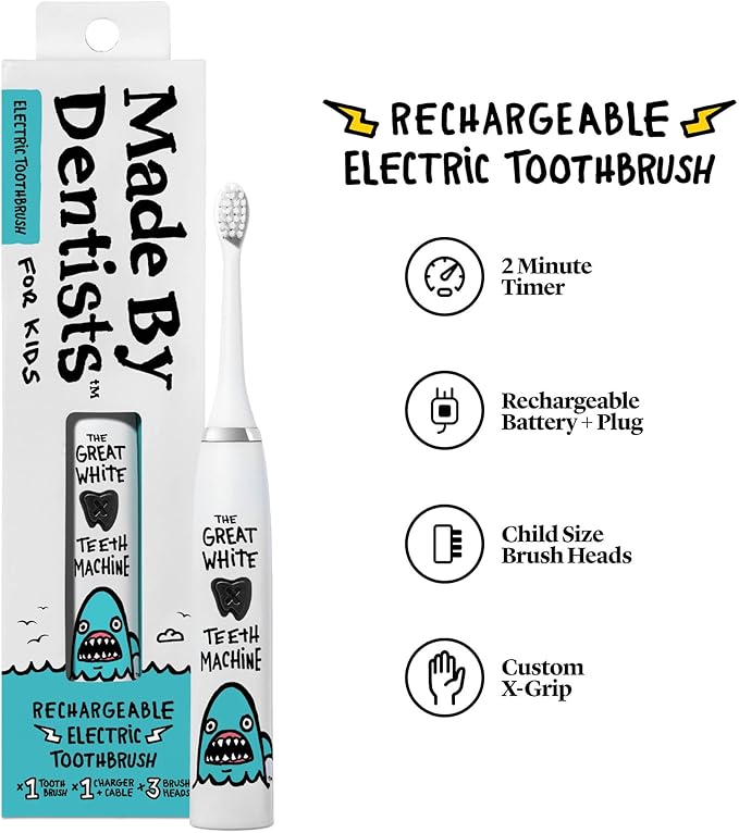 Kids Electric Toothbrush - Rechargeable Vibrating Toothbrush with Timer, Includes 6 Replacement Heads, Gently Cleans Little Teeth, for Girls and Boys, Kids & Toddlers Age 2+, Shark-Ruum Studio Home