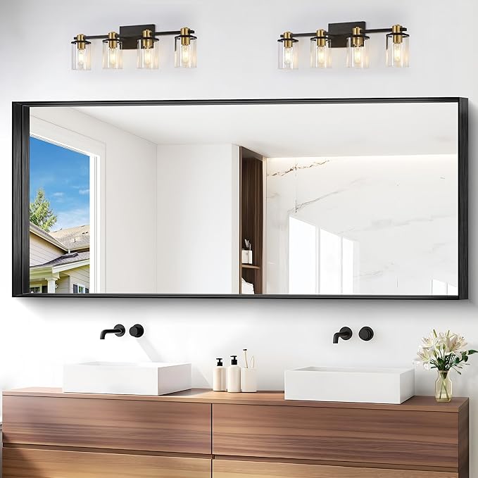 Black Bathroom Mirror, 72x30 Inch Rectangular Deep Frame Mirror, Large Wall Mounted Bathroom Vanity Mirror Over Sink for Bedroom,Restroom, Living Room, Hangs Vertically or Horizontally-Ruum Studio Home