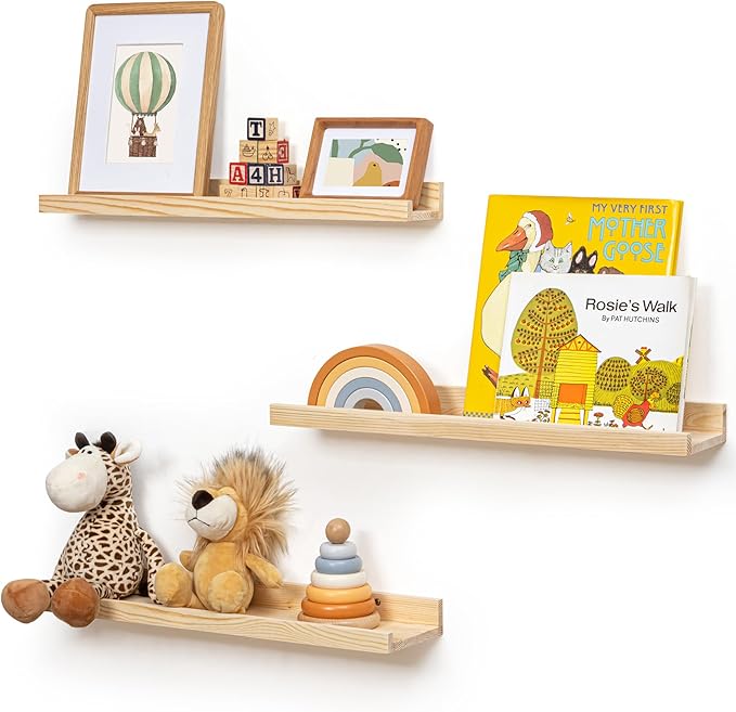 Picture Ledge Shelf for Wall, 24 inches Solid Pine Wood Nursery Book Shelves 3 Packs, Floating Ledge Shelves for Kids' Room Bedroom Bathroom Living Room Photo Frames Office Nursey Wall Decor, Natural-Ruum Studio Home