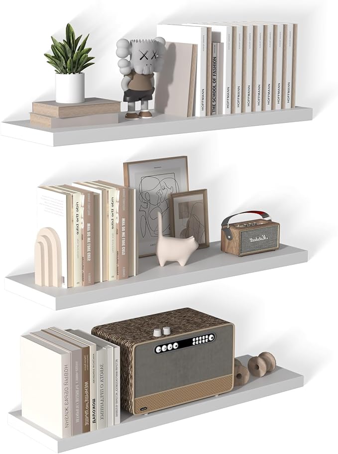 40 Inch Floating Shelf 3 Pack Large Floating Shelves for Wall No Drilling Accessories Included Deep Wall Shelves for Living Room Kitchen Farmhouse 40" W x 12" D x 1.2" White-Ruum Studio Home