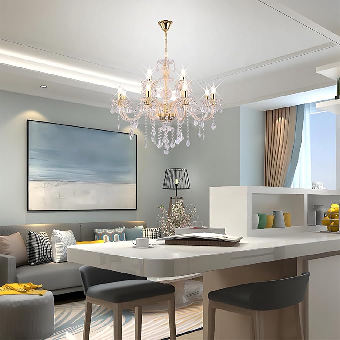 Contemporary Crystal Chandelier 12 Lights Clear Crystal Ceiling Lights for Living Room，E12 Base Double Layered Pendant Light Fixture for Dining Room Staircase, Hallway-Ruum Studio Home