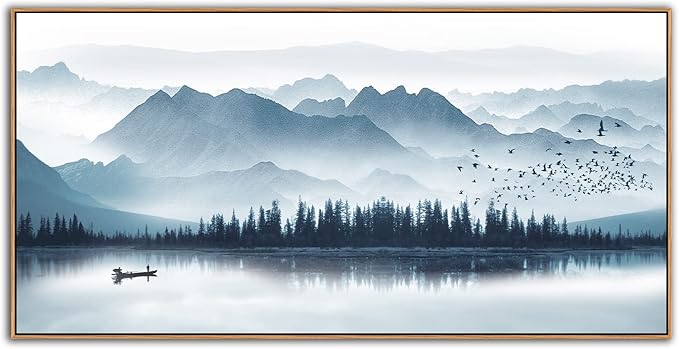 Indigo Framed Canvas Wall Art Misty Mountain Wall Pictures Foggy Lake Boat Canvas Painting Prints Forest Birds Canvas Wall Decor for Living Room Bedroom Decorations Natural Framed 24" x 48"-Ruum Studio Home