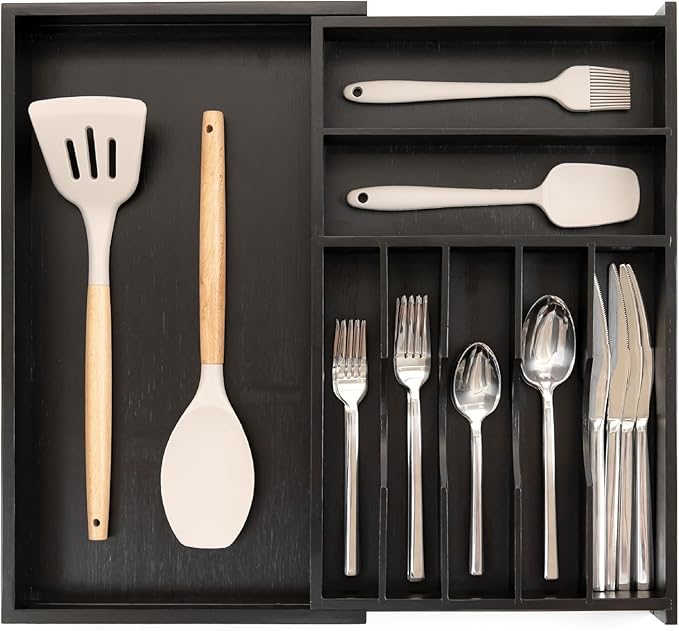 Premium Silverware, Flatware and Utensil Organizer for Kitchen Drawers, Food-Safe Contract Grade, Expandable from 10.5 to 19 In, Black Bamboo-Ruum Studio Home