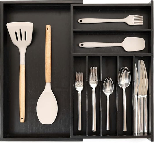 Premium Silverware, Flatware and Utensil Organizer for Kitchen Drawers, Food-Safe Contract Grade, Expandable from 10.5 to 19 In, Black Bamboo-Ruum Studio Home